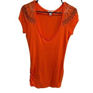 Cache Orange Short Sleeve Top Rhinestone Embellishments Ruched Side Sz Medium